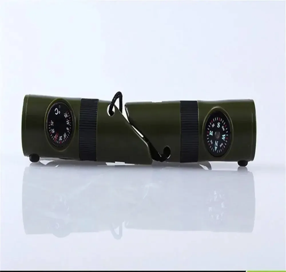 7In1 Emergency Survival Whistle Compass Multifunction Tool Magnifier Flashlight Storage Container Thermometer For Camping Hiking