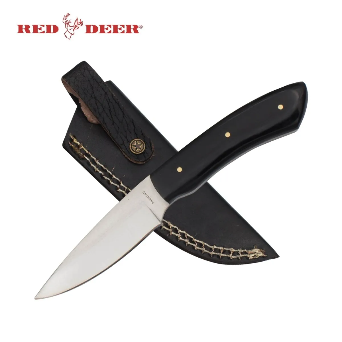7" Red Deer Full Tang Game Skinner Black Acrylic Handle Hunting Knife with Leather Sheath