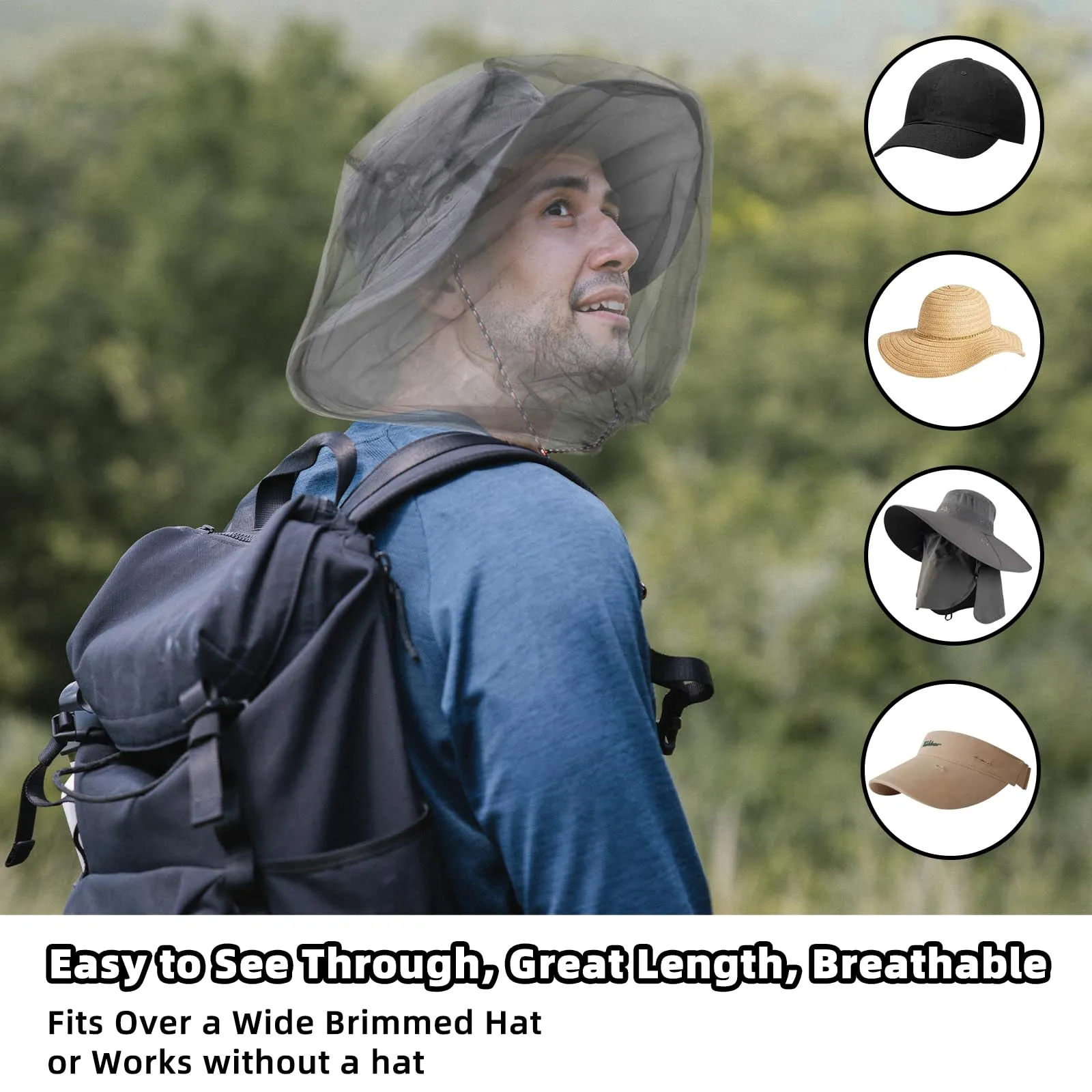 8 Pack Gray Mosquito Covers Wearable Head Net Face Mesh Protecting Net Mosquito Fly Insects Bugs Preventing for Outdoor Hiking Camping