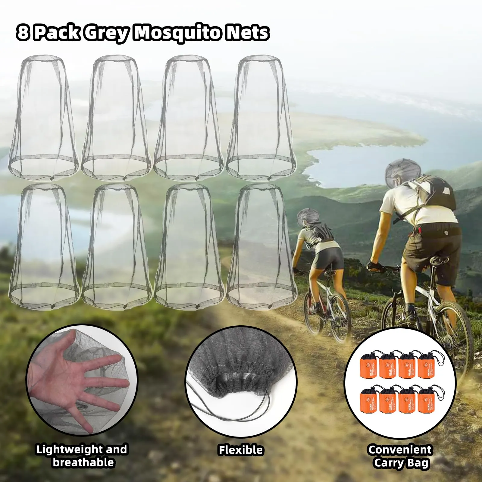 8 Pack Gray Mosquito Covers Wearable Head Net Face Mesh Protecting Net Mosquito Fly Insects Bugs Preventing for Outdoor Hiking Camping