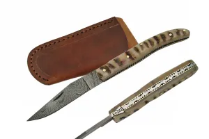 8.25" Damascus Ram Horn Folding Pocket Knife (DM-1086)