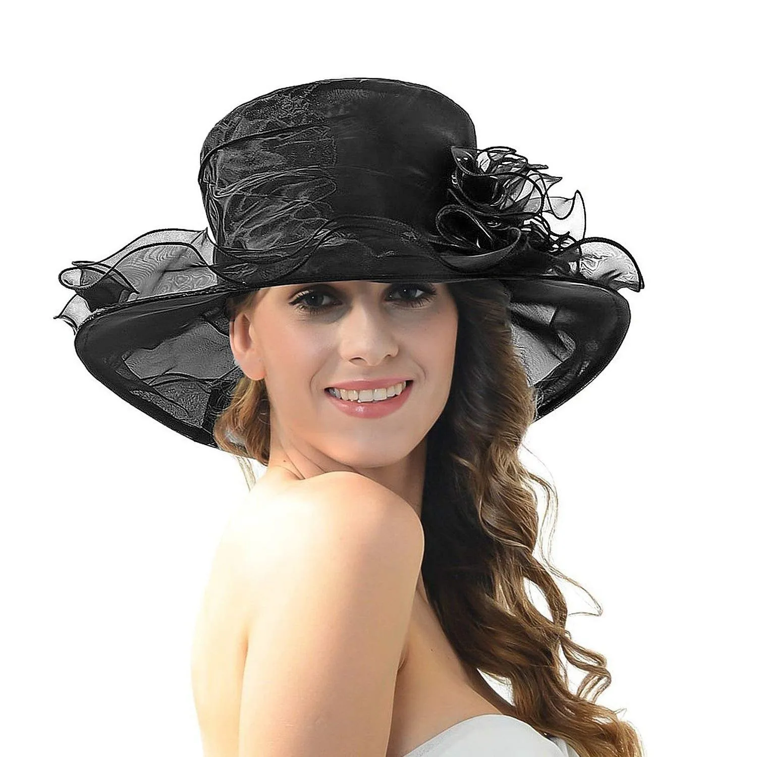 Acecharming Women Organza Kentucky Derby Fascinator Lady Cocktail Tea Party Church Wedding Bridal Flower Hat Black