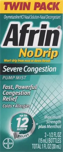 Afrin No Drip Severe Congestion Maximum Strength Nasal Spray - 12 Hour Nasal Spray Relief for Nose Congestion, Nasal Swelling, and Allergies - 2 x 0.5 Fl Oz Bottles - Pack of 1