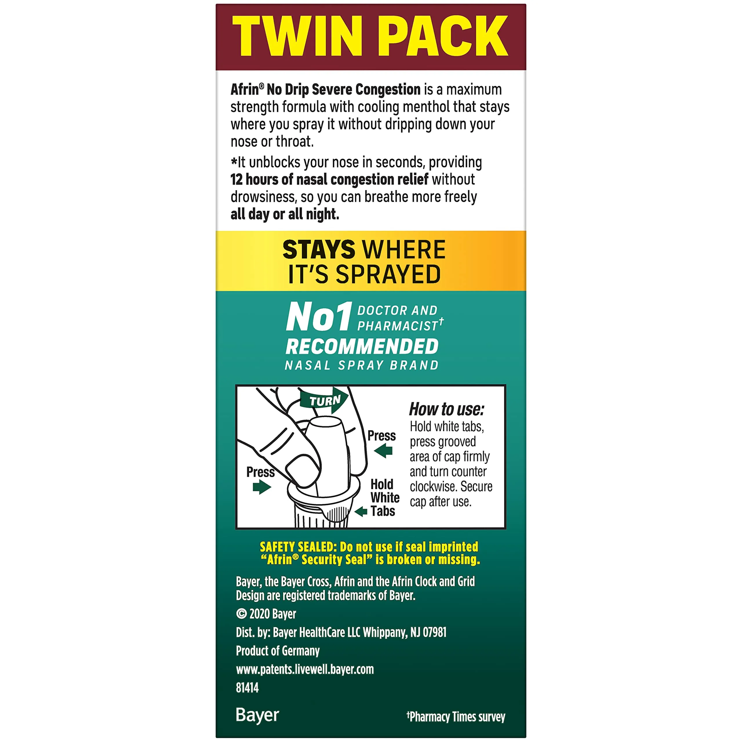 Afrin No Drip Severe Congestion Maximum Strength Nasal Spray - 12 Hour Nasal Spray Relief for Nose Congestion, Nasal Swelling, and Allergies - 2 x 0.5 Fl Oz Bottles - Pack of 1