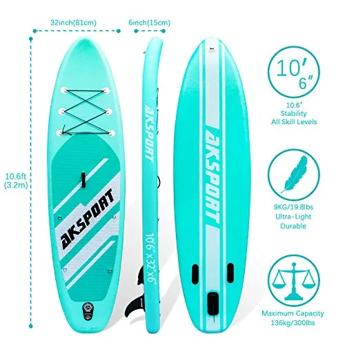 AKSPORT 10'6"×32"×6" Inflatable Stand Up Paddle Board with Premium Non-Slip Deck,Travel Backpack,Adjustable Paddle,Pump,Leash for Youth & Adult Ultra-Light Surfing SUP Boards