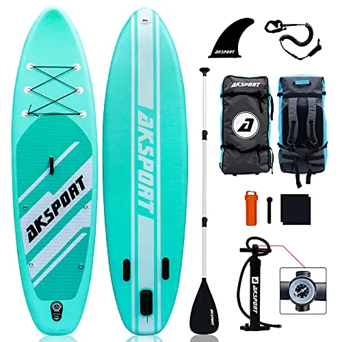 AKSPORT 10'6"×32"×6" Inflatable Stand Up Paddle Board with Premium Non-Slip Deck,Travel Backpack,Adjustable Paddle,Pump,Leash for Youth & Adult Ultra-Light Surfing SUP Boards