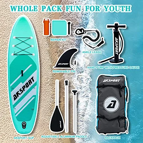 AKSPORT 10'6"×32"×6" Inflatable Stand Up Paddle Board with Premium Non-Slip Deck,Travel Backpack,Adjustable Paddle,Pump,Leash for Youth & Adult Ultra-Light Surfing SUP Boards