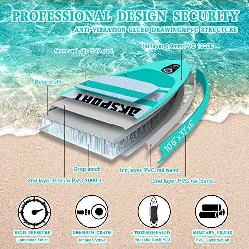 AKSPORT 10'6"×32"×6" Inflatable Stand Up Paddle Board with Premium Non-Slip Deck,Travel Backpack,Adjustable Paddle,Pump,Leash for Youth & Adult Ultra-Light Surfing SUP Boards