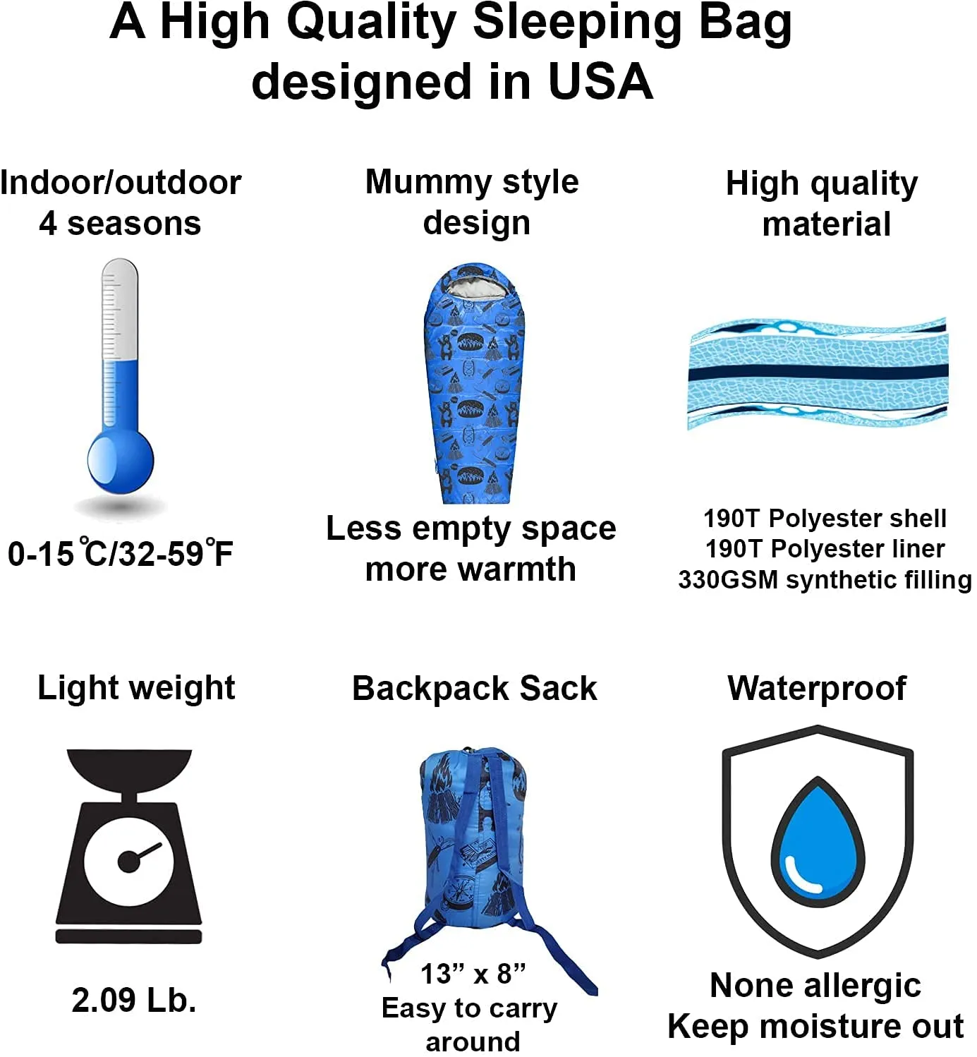 ANJ Outdoors 32 F Youth and Kids Sleeping Bag | Indoor/Outdoor Boys and Girls Sleeping Bag | Mummy Style, Lightweight Sleeping Bag for Kids
