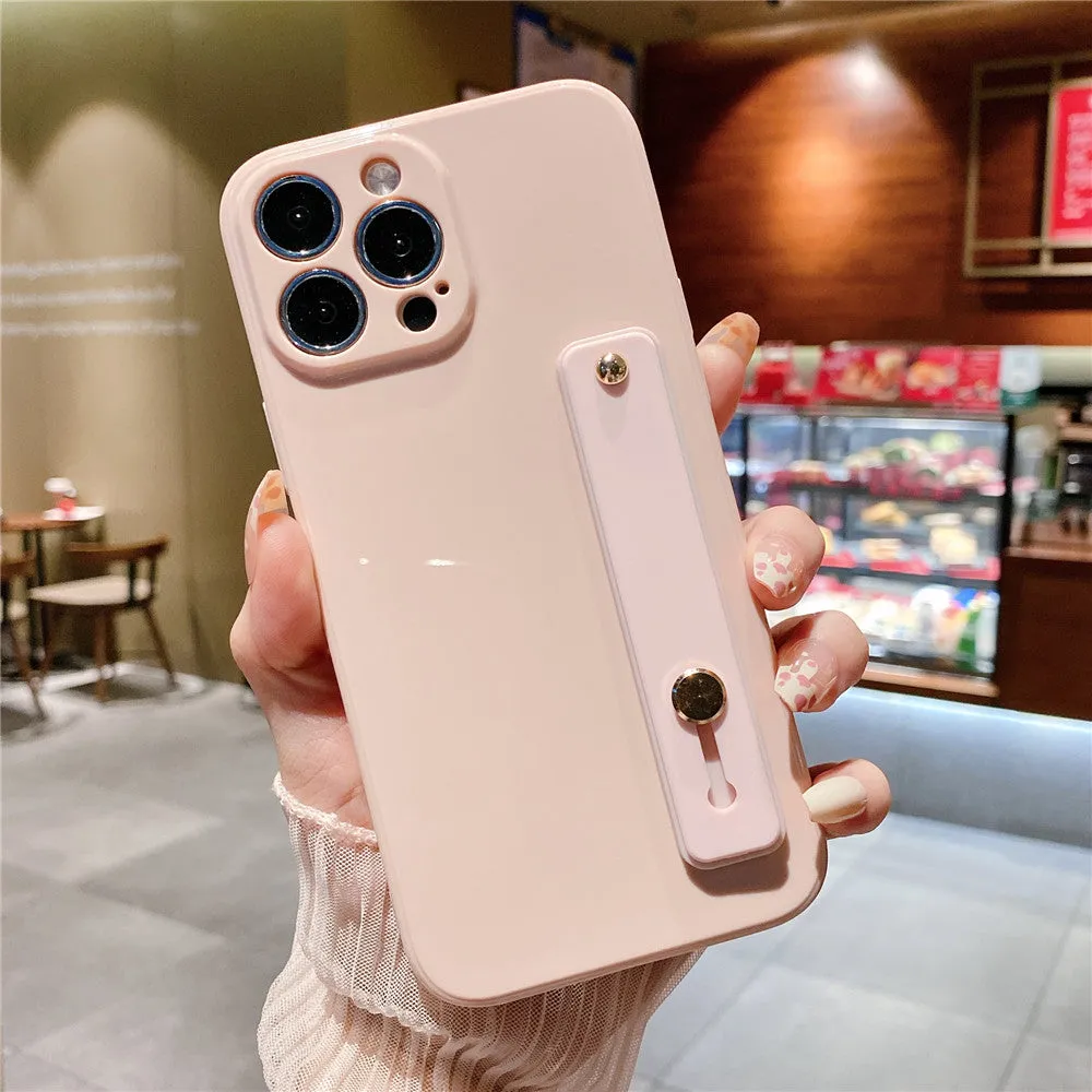 Anymob iPhone Case Baby Pink Solid Color Lens Protection Wrist Strap Stand Silicone Bumper Cover