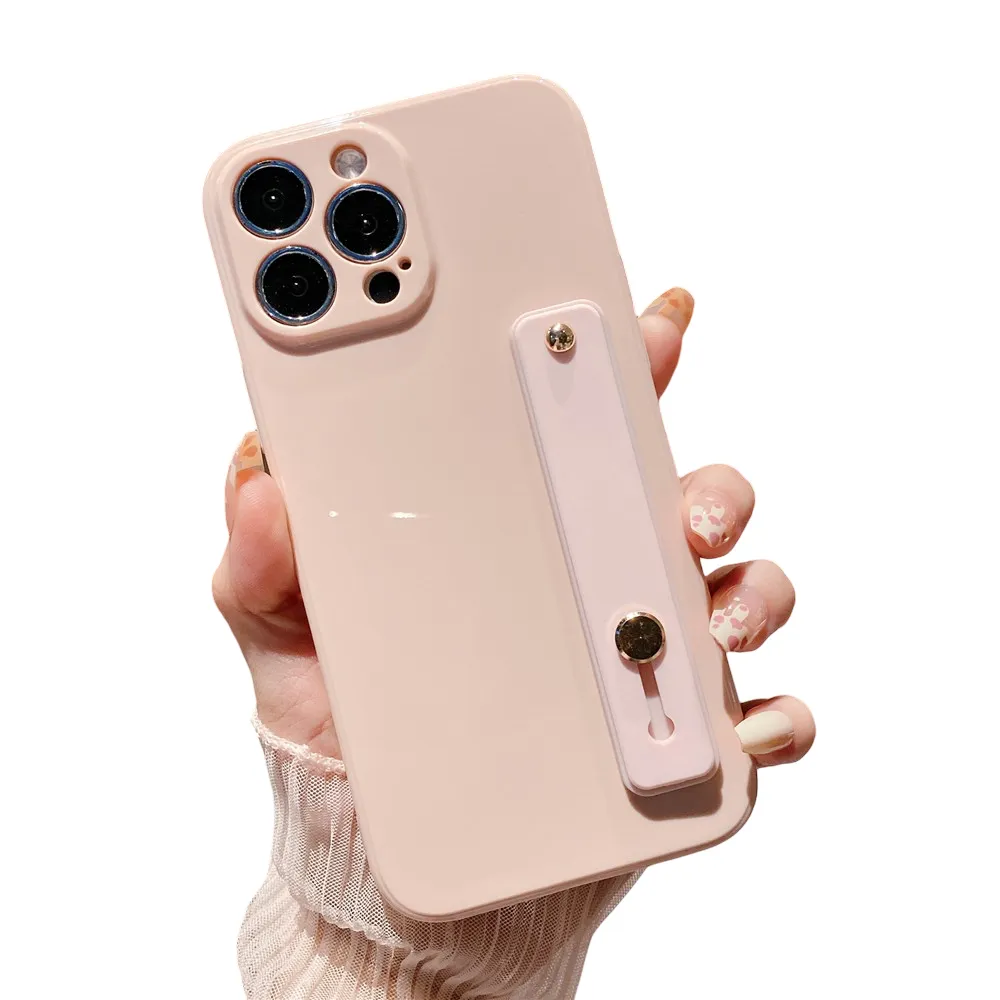 Anymob iPhone Case Baby Pink Solid Color Lens Protection Wrist Strap Stand Silicone Bumper Cover