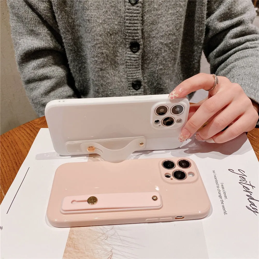 Anymob iPhone Case Baby Pink Solid Color Lens Protection Wrist Strap Stand Silicone Bumper Cover