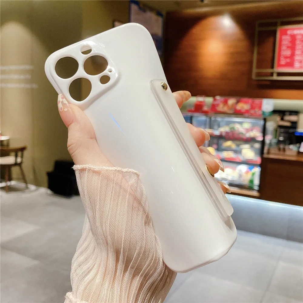 Anymob iPhone Case Baby Pink Solid Color Lens Protection Wrist Strap Stand Silicone Bumper Cover