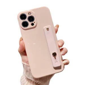 Anymob iPhone Case Baby Pink Solid Color Lens Protection Wrist Strap Stand Silicone Bumper Cover