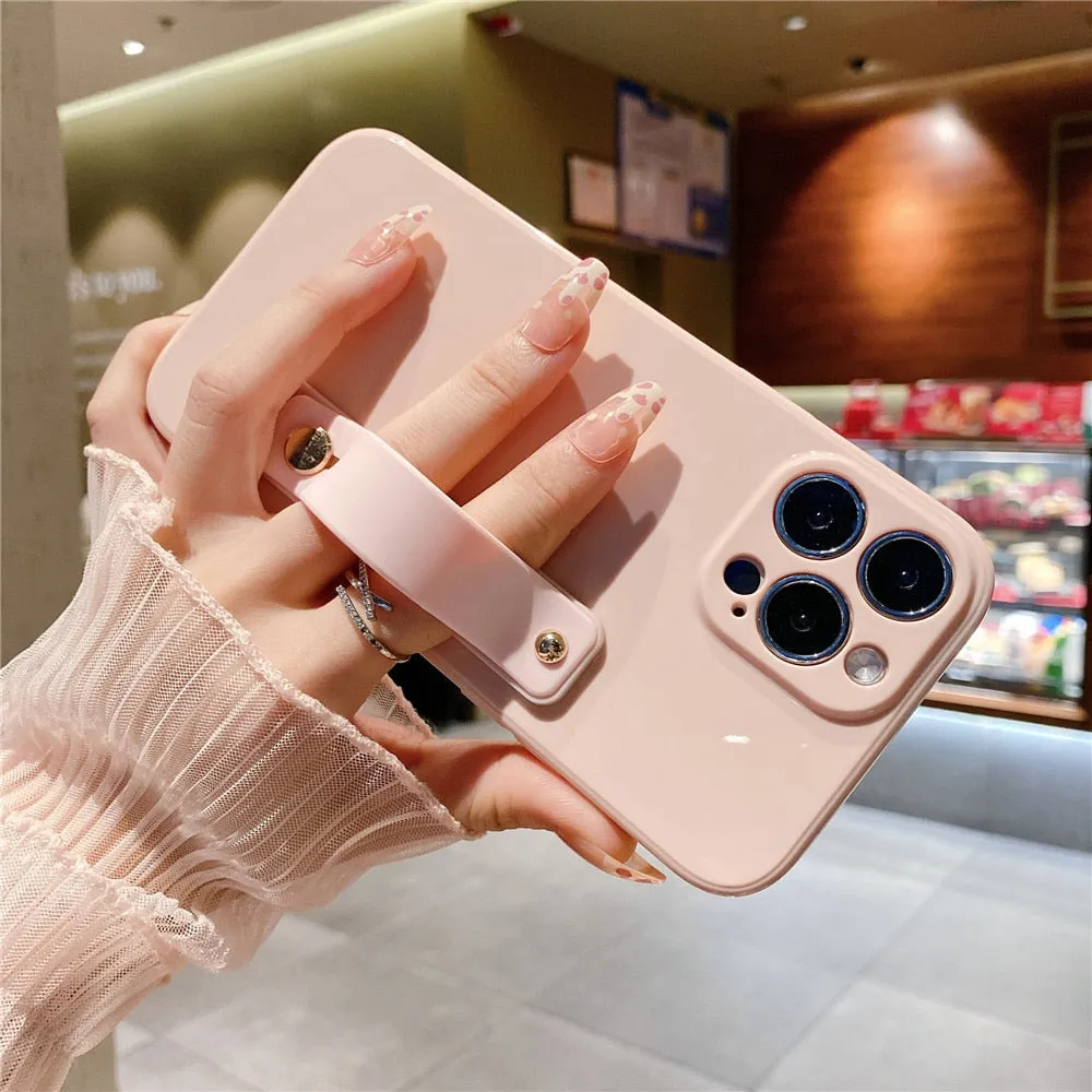 Anymob iPhone Case Baby Pink Solid Color Lens Protection Wrist Strap Stand Silicone Bumper Cover