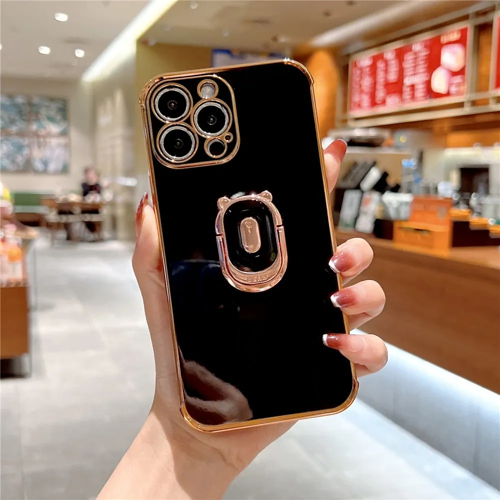 Anymob iPhone Case Black Cute Bear Ring Holder Plating Silicon Stand Finger Bracket Back Cover