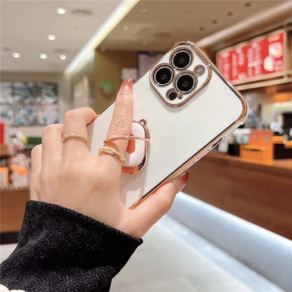 Anymob iPhone Case Black Cute Bear Ring Holder Plating Silicon Stand Finger Bracket Back Cover