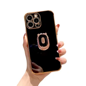 Anymob iPhone Case Black Cute Bear Ring Holder Plating Silicon Stand Finger Bracket Back Cover