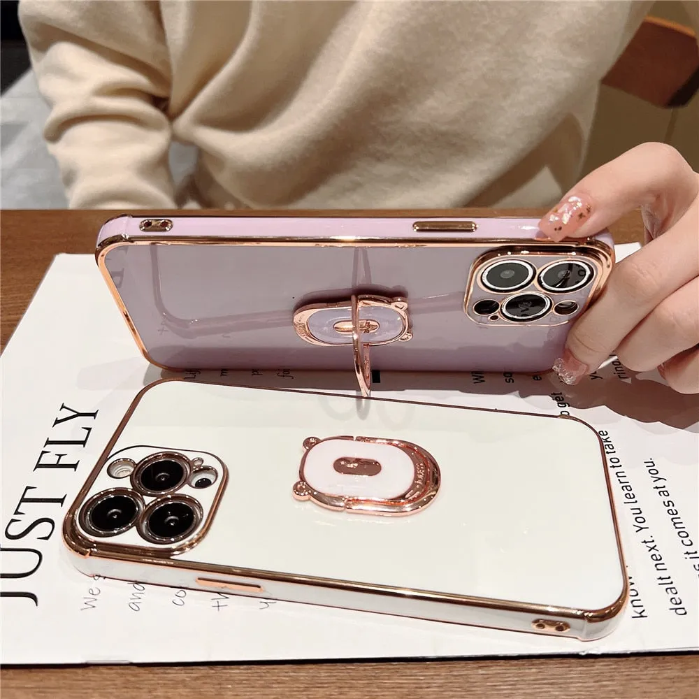 Anymob iPhone Case Black Cute Bear Ring Holder Plating Silicon Stand Finger Bracket Back Cover