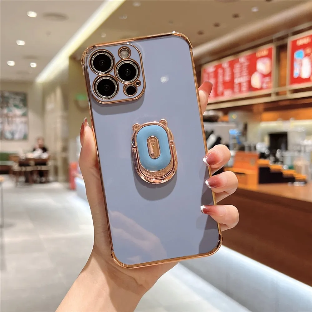 Anymob iPhone Case Black Cute Bear Ring Holder Plating Silicon Stand Finger Bracket Back Cover