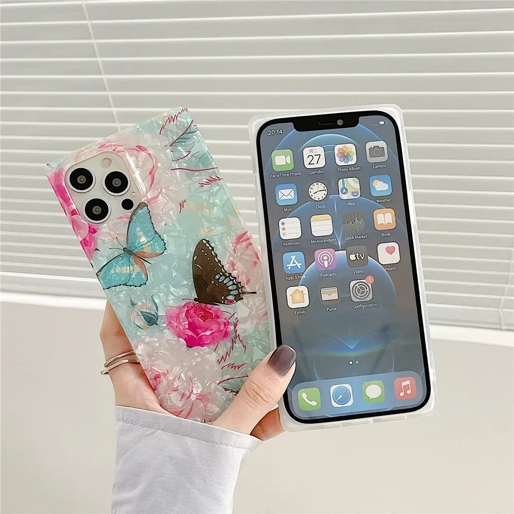 Anymob iPhone Case Blue Cartoon Butterfly Soft Silicone Square Shell Pattern