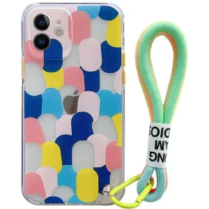 Anymob iPhone Case Blue Clear Graffiti Soft Silicone With Hand Strap Shockproof Bumper Cover