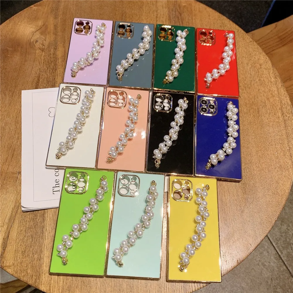 Anymob iPhone Case Blue Pearl Diamond Bracelet Square Plating Soft Chain Back Cover