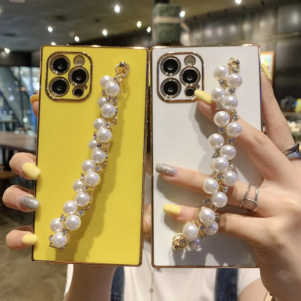 Anymob iPhone Case Blue Pearl Diamond Bracelet Square Plating Soft Chain Back Cover