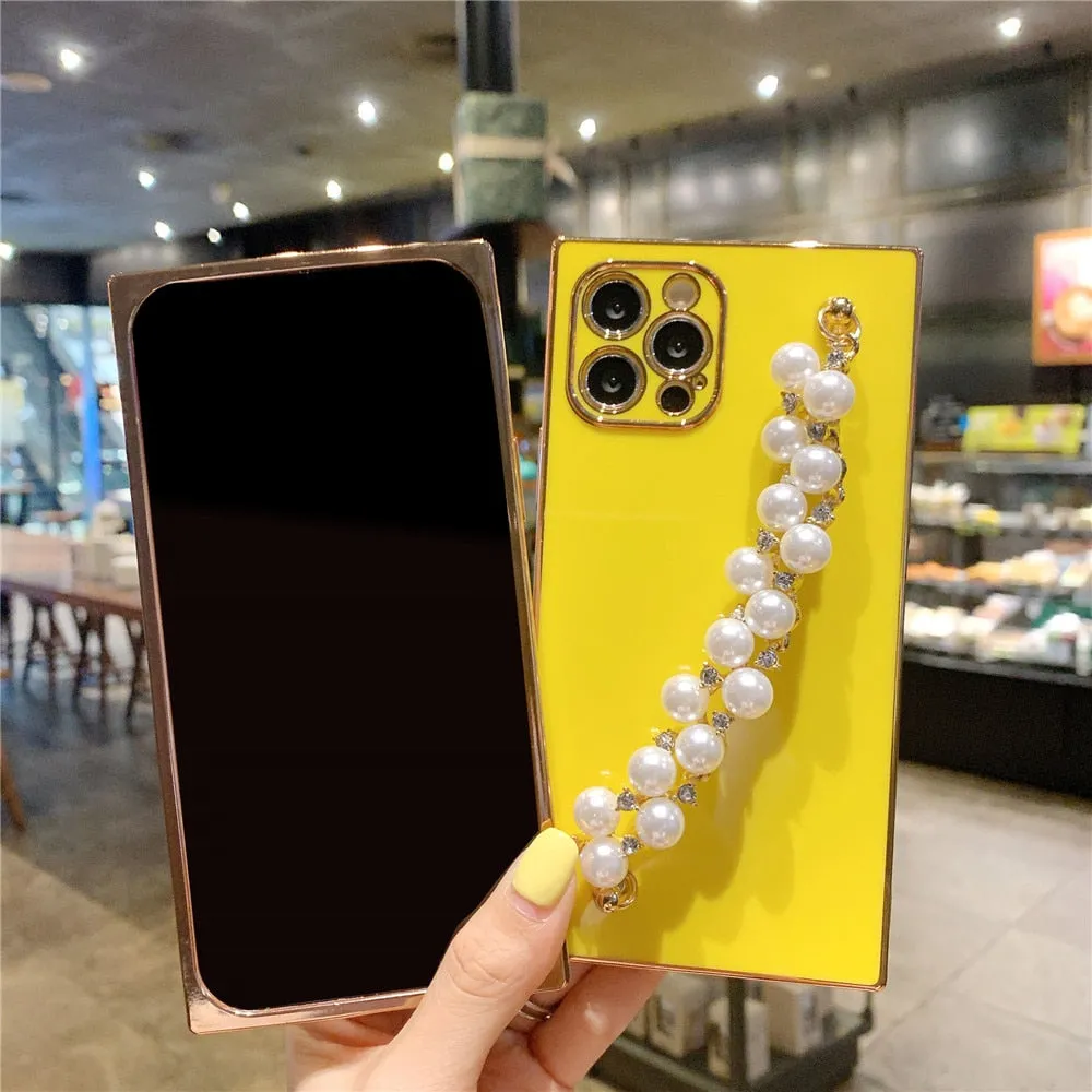 Anymob iPhone Case Blue Pearl Diamond Bracelet Square Plating Soft Chain Back Cover