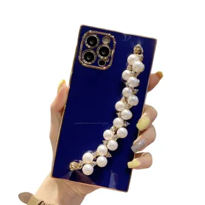 Anymob iPhone Case Blue Pearl Diamond Bracelet Square Plating Soft Chain Back Cover
