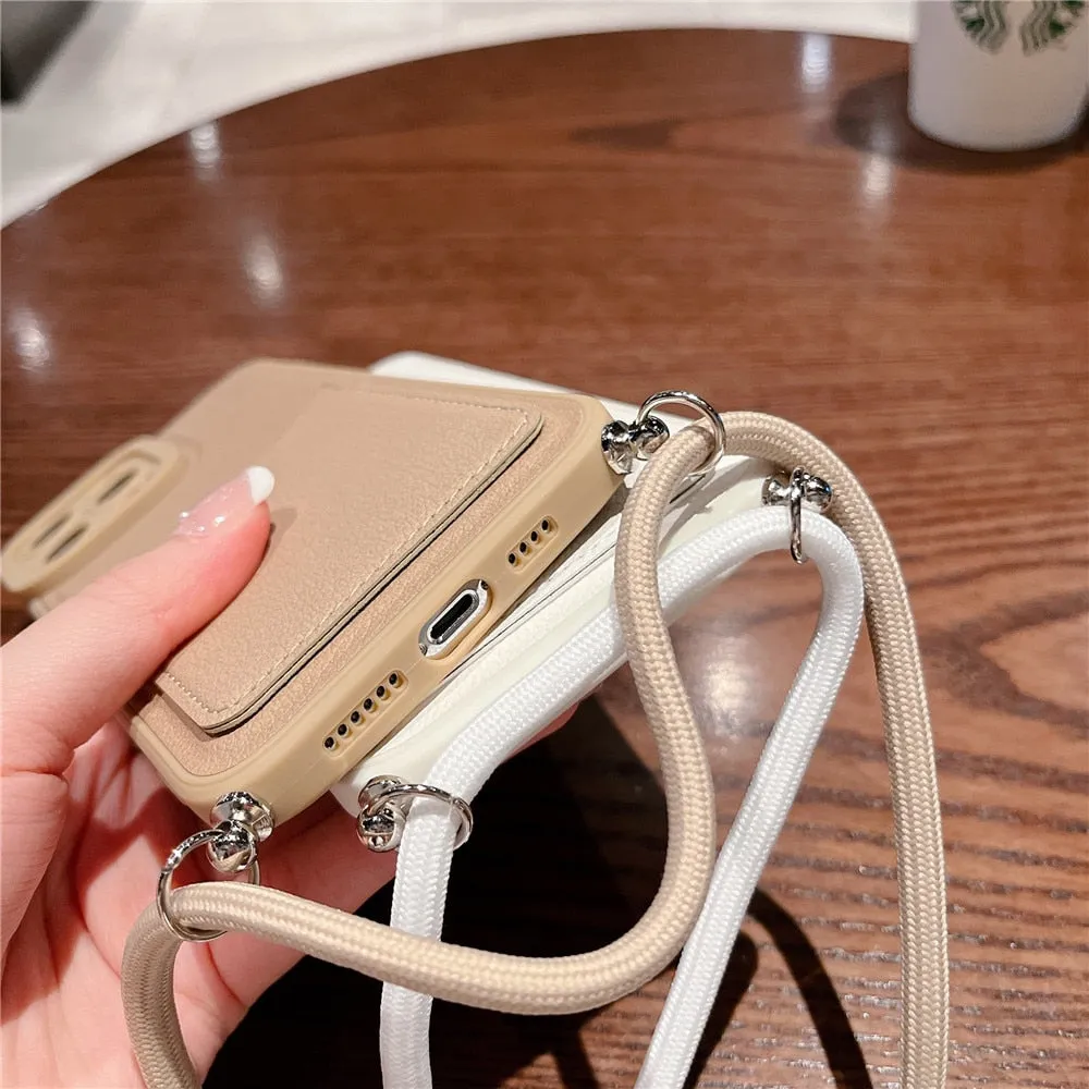 Anymob iPhone Case Brown Crossbody Necklace Strap Lanyard with Card Holder Silicone Cover