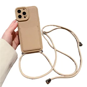 Anymob iPhone Case Brown Crossbody Necklace Strap Lanyard with Card Holder Silicone Cover