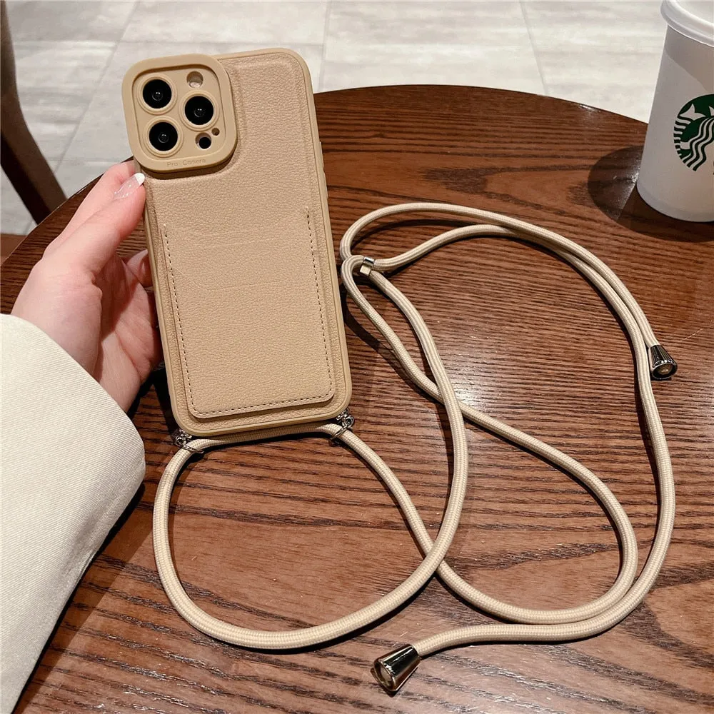 Anymob iPhone Case Brown Crossbody Necklace Strap Lanyard with Card Holder Silicone Cover