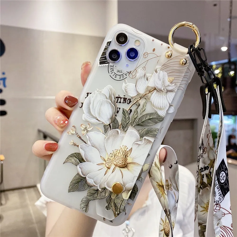 Anymob iPhone Case Gray 3D Flower Soft Silicone Phone Cover With Wrist Strap Lanyard