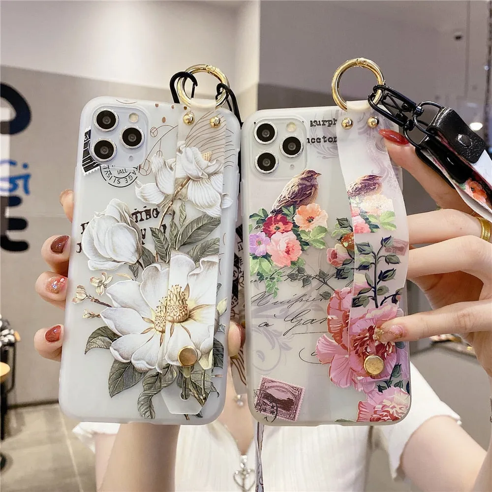Anymob iPhone Case Gray 3D Flower Soft Silicone Phone Cover With Wrist Strap Lanyard