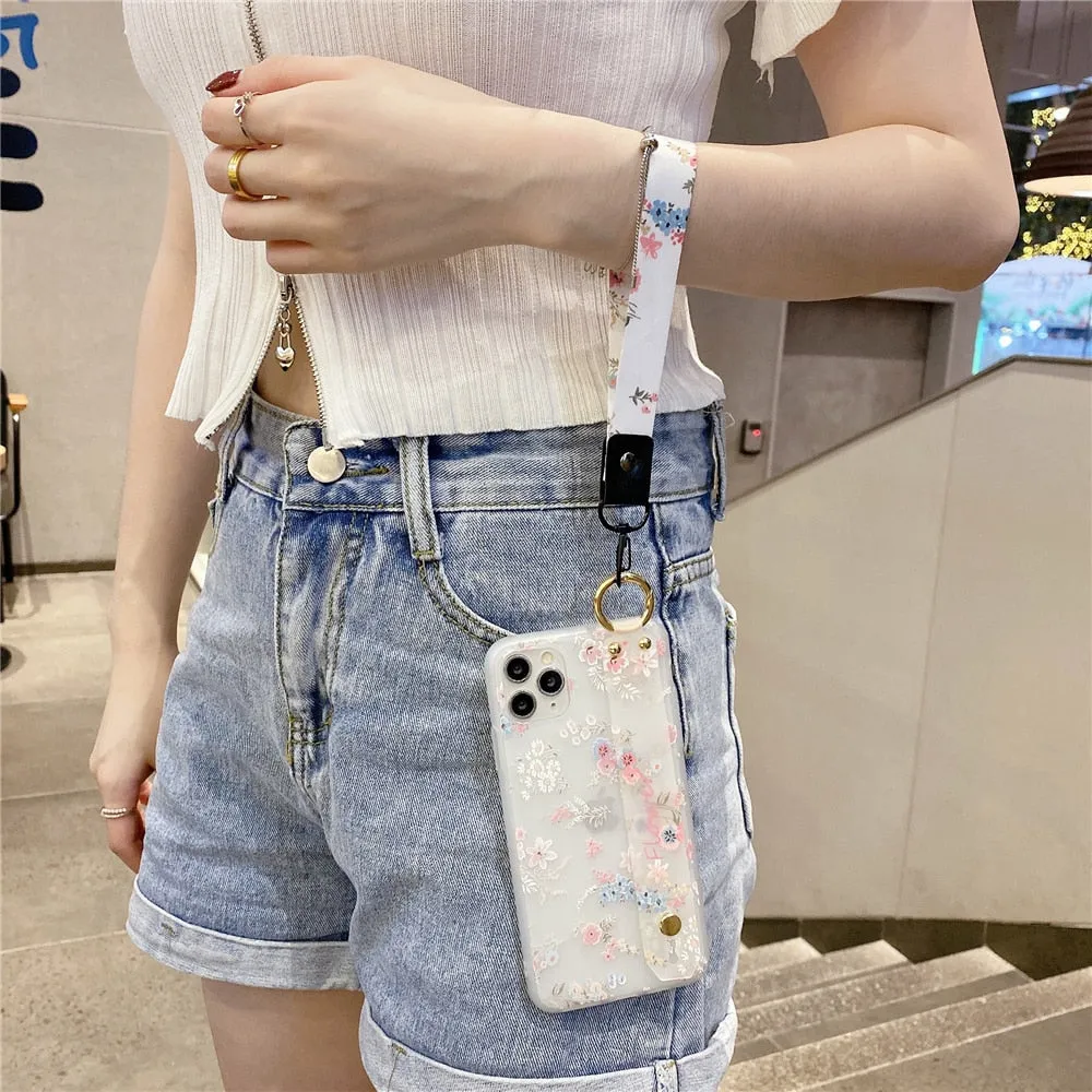 Anymob iPhone Case Gray 3D Flower Soft Silicone Phone Cover With Wrist Strap Lanyard