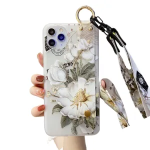 Anymob iPhone Case Gray 3D Flower Soft Silicone Phone Cover With Wrist Strap Lanyard
