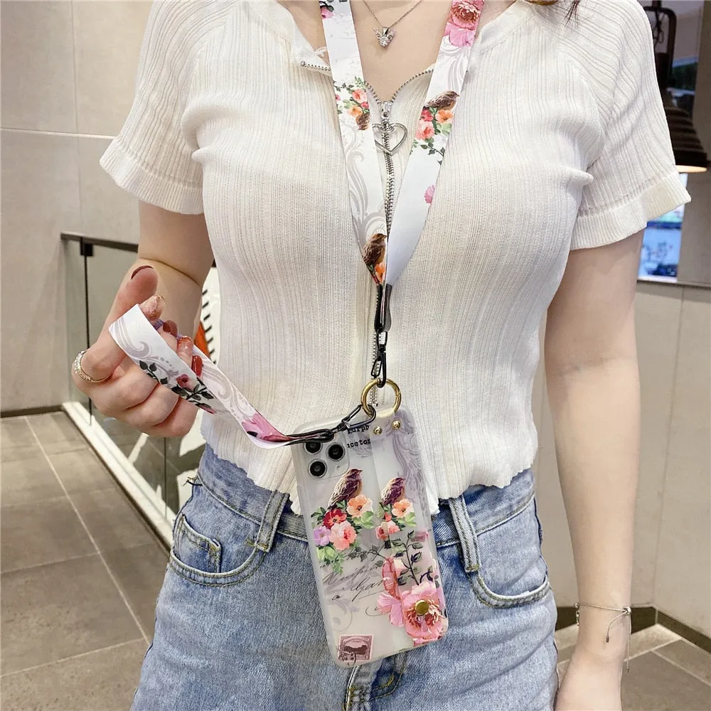 Anymob iPhone Case Gray 3D Flower Soft Silicone Phone Cover With Wrist Strap Lanyard