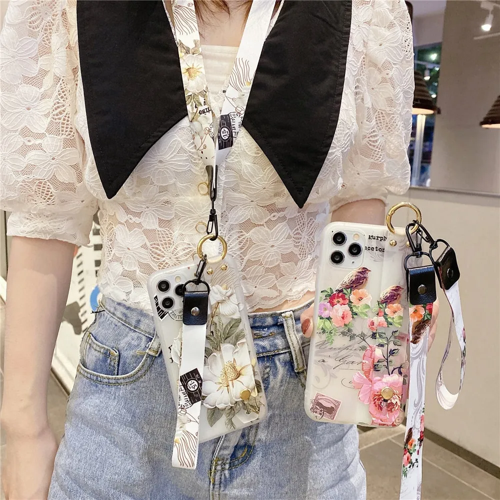 Anymob iPhone Case Gray 3D Flower Soft Silicone Phone Cover With Wrist Strap Lanyard