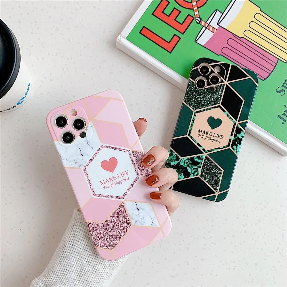 Anymob iPhone Case Green Love Heart Geometric Marble Shockproof Soft Silicone Cover