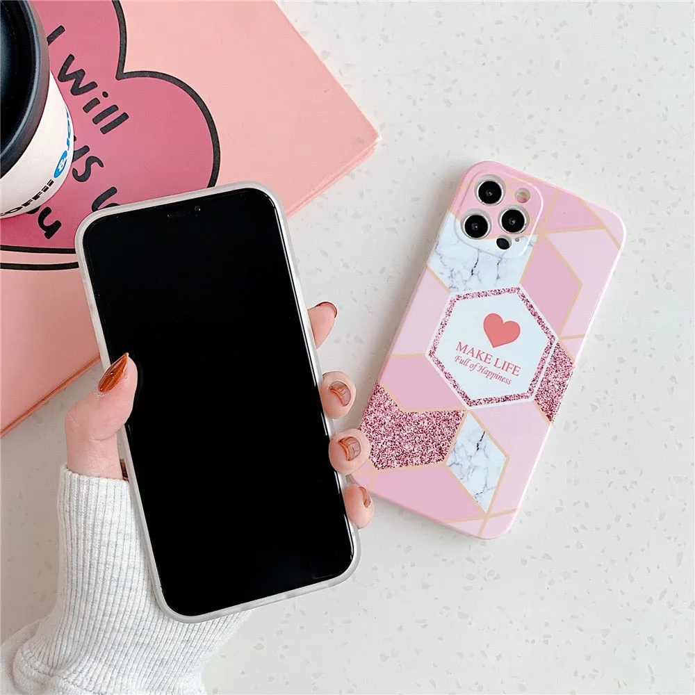 Anymob iPhone Case Green Love Heart Geometric Marble Shockproof Soft Silicone Cover