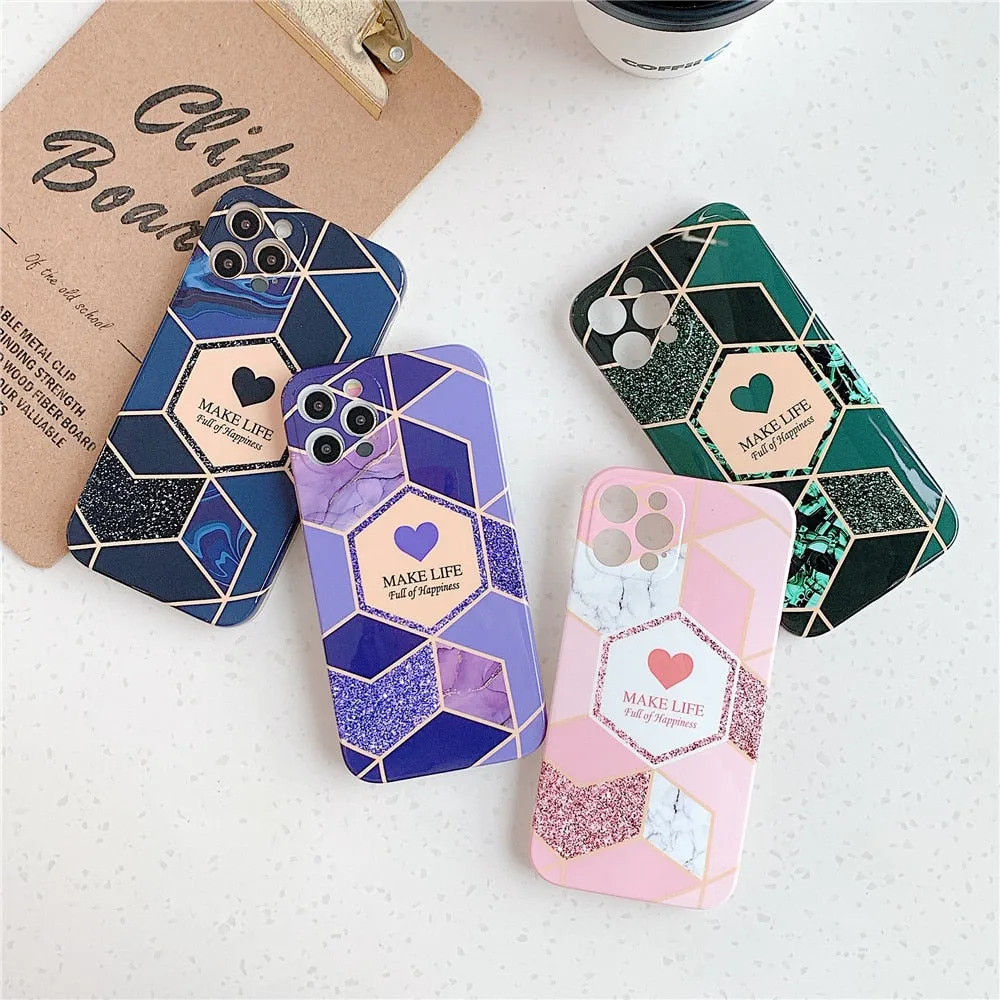 Anymob iPhone Case Green Love Heart Geometric Marble Shockproof Soft Silicone Cover