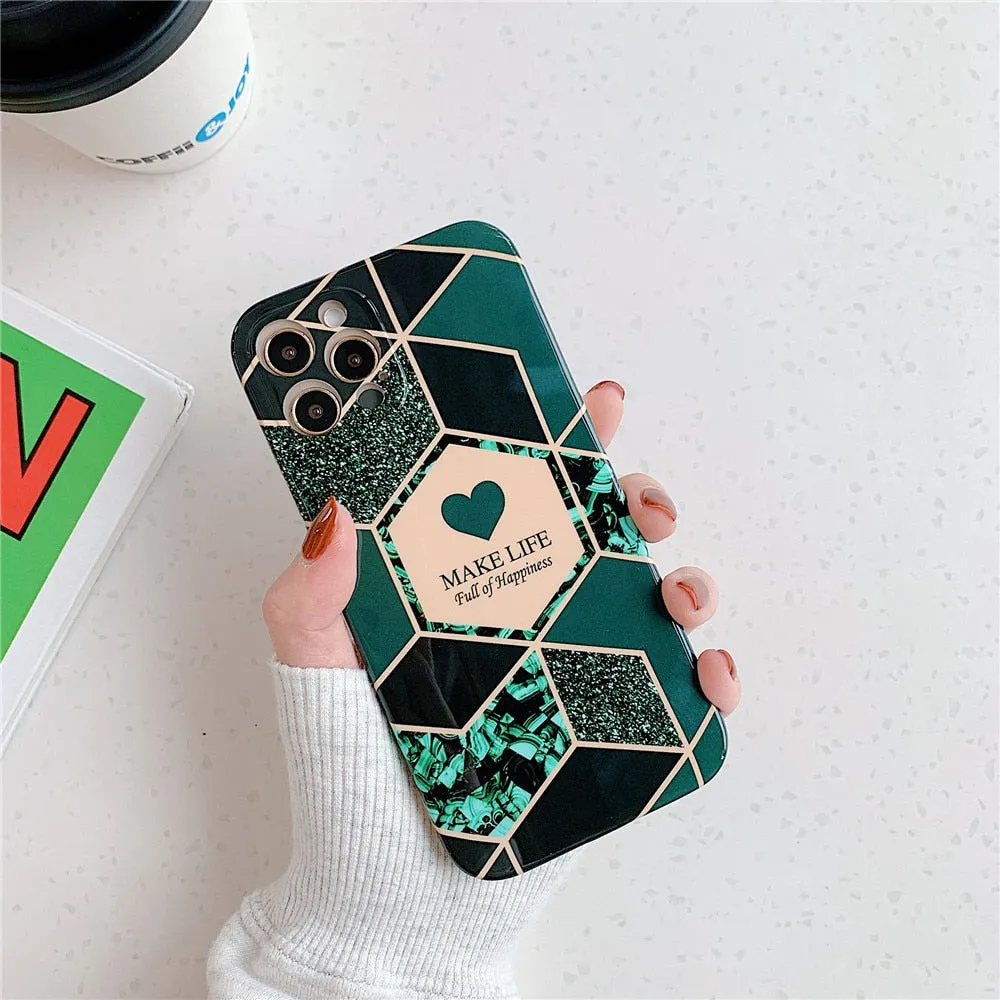 Anymob iPhone Case Green Love Heart Geometric Marble Shockproof Soft Silicone Cover
