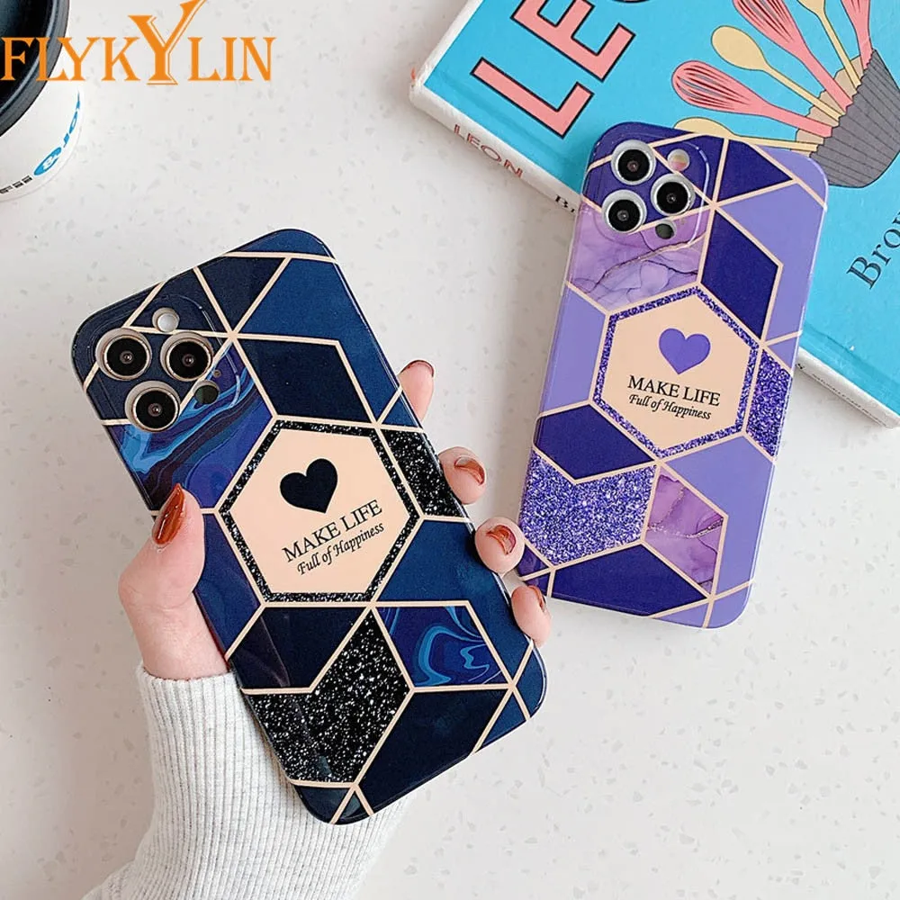 Anymob iPhone Case Green Love Heart Geometric Marble Shockproof Soft Silicone Cover