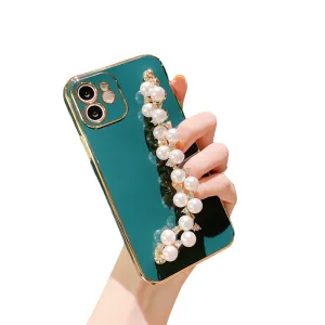 Anymob iPhone Case Green Plating Pearl Chain Wrist Band Soft Silicone Cover