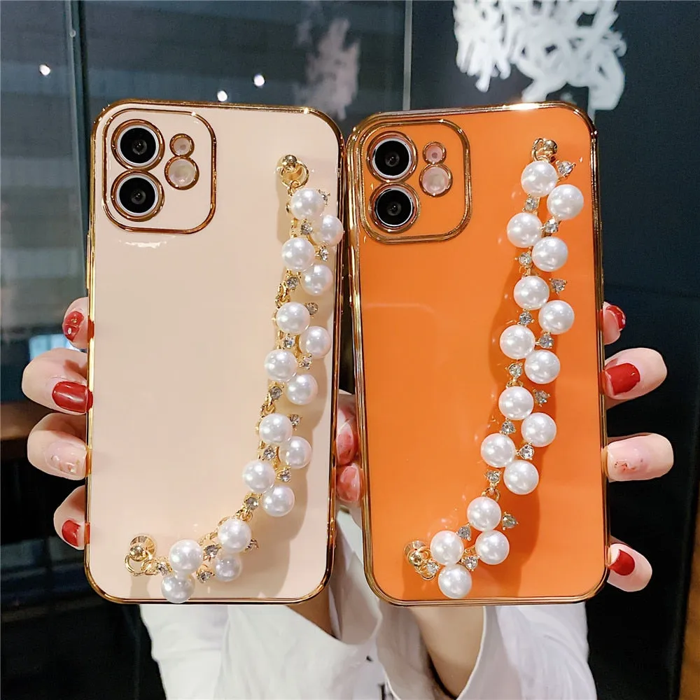 Anymob iPhone Case Green Plating Pearl Chain Wrist Band Soft Silicone Cover