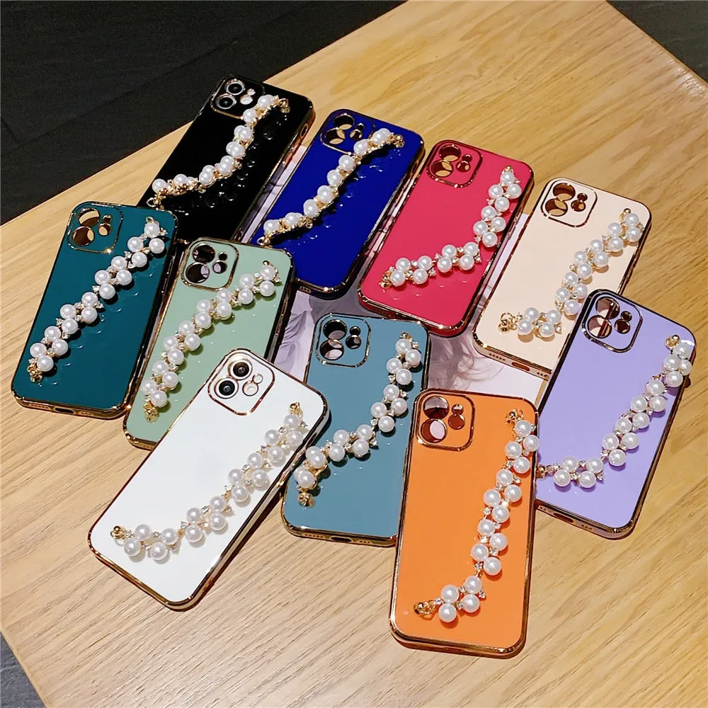 Anymob iPhone Case Green Plating Pearl Chain Wrist Band Soft Silicone Cover
