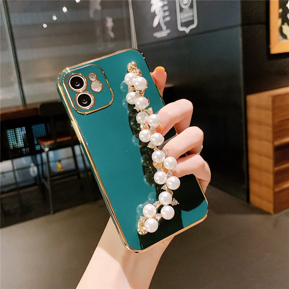 Anymob iPhone Case Green Plating Pearl Chain Wrist Band Soft Silicone Cover
