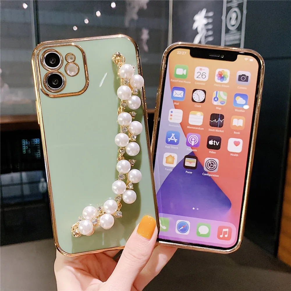 Anymob iPhone Case Green Plating Pearl Chain Wrist Band Soft Silicone Cover