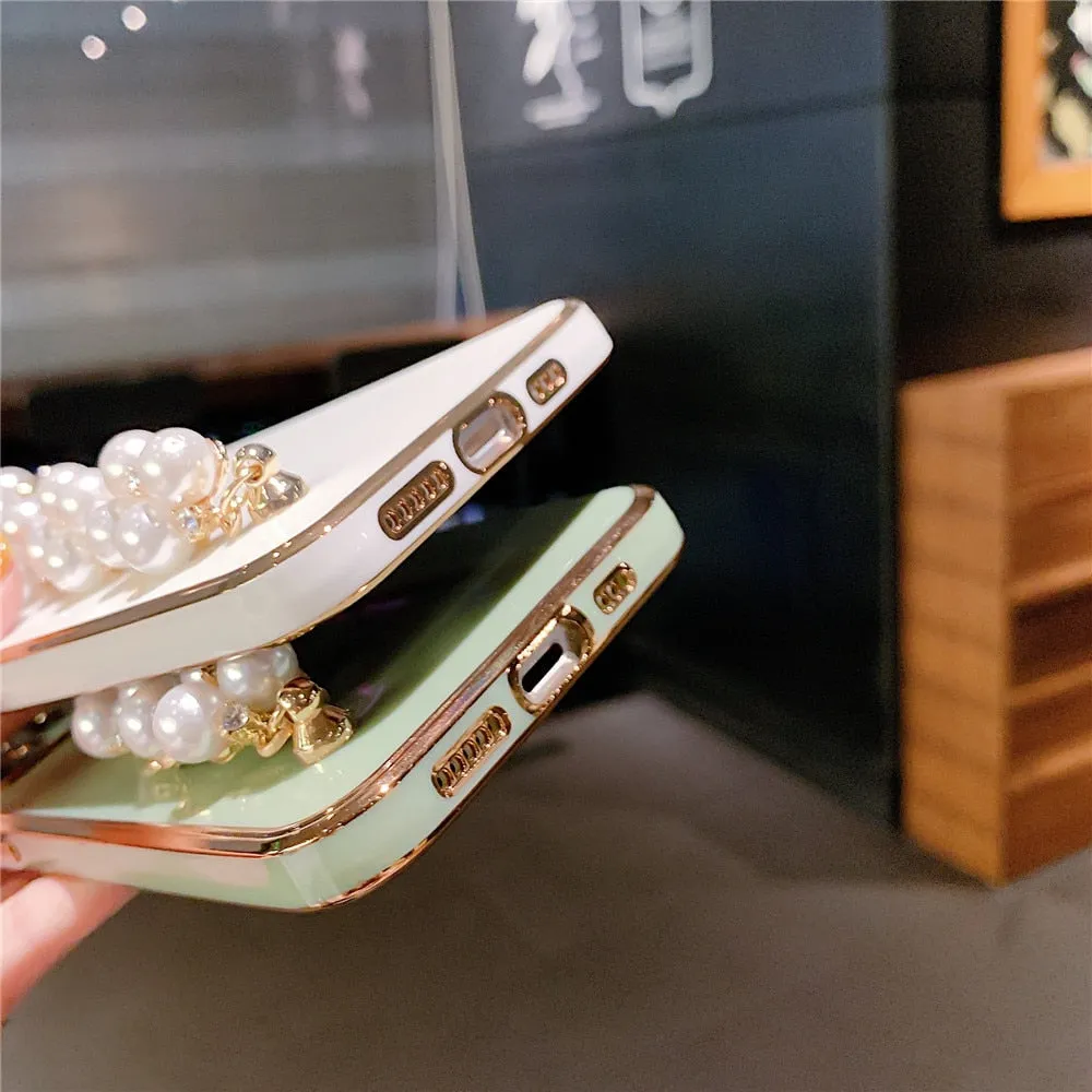 Anymob iPhone Case Green Plating Pearl Chain Wrist Band Soft Silicone Cover